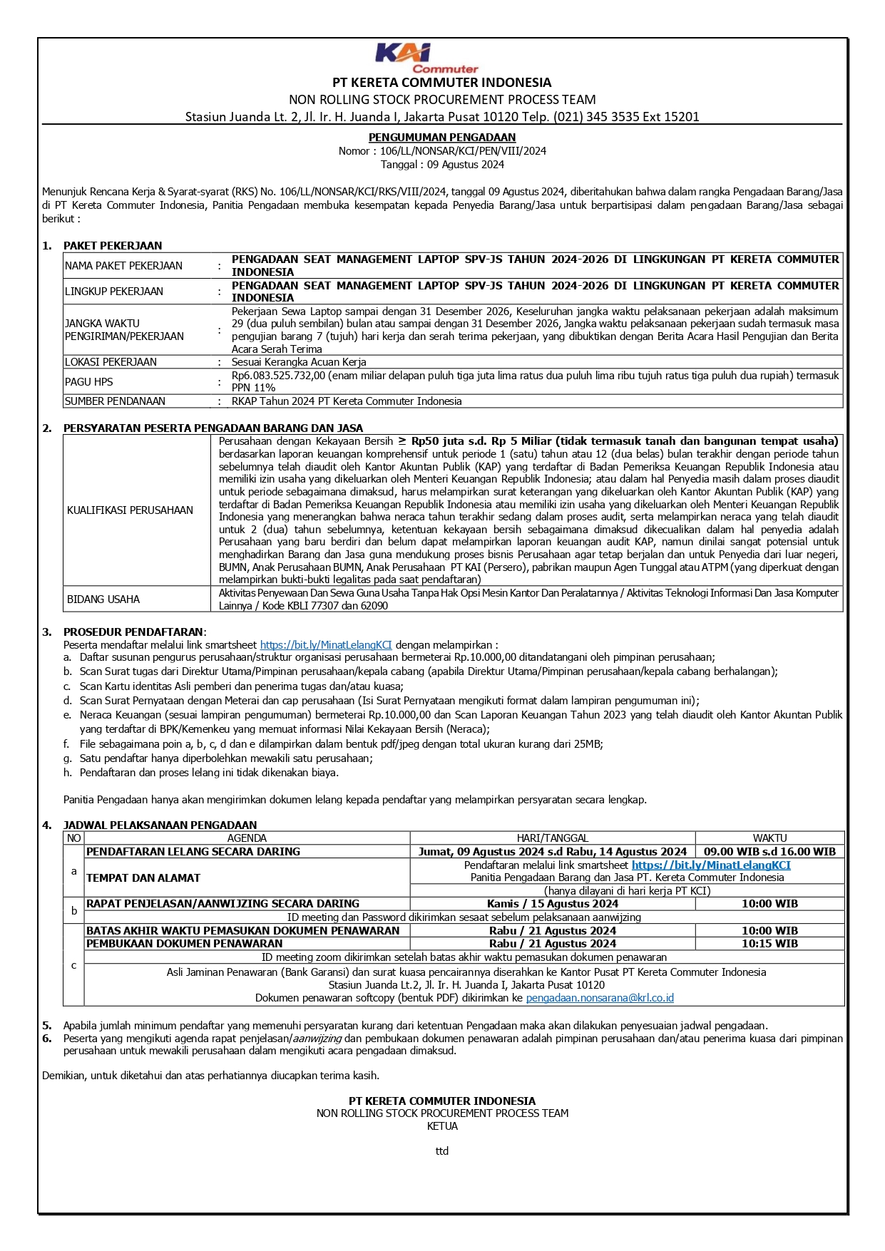 2 pengumuman 106 pengadaan seat management laptop spv js tahun 2024 2026 di lingkungan pt kci page 0001